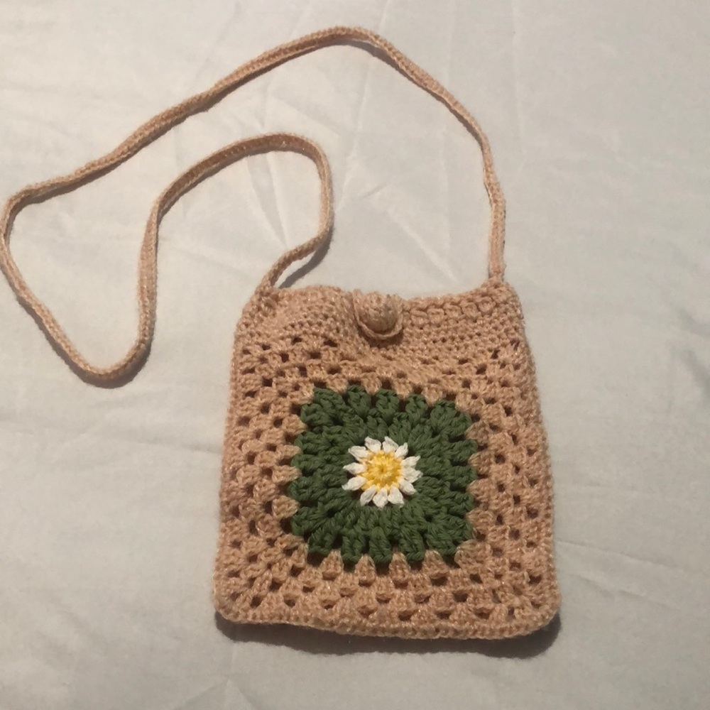 Bohemian Tan and Green Crossbody Bag with Granny Square Design